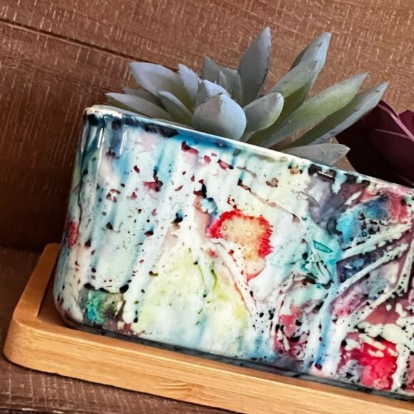 Hand-Painted Ceramic Succulent Planter with Bamboo Tray - Picture 1 of 6